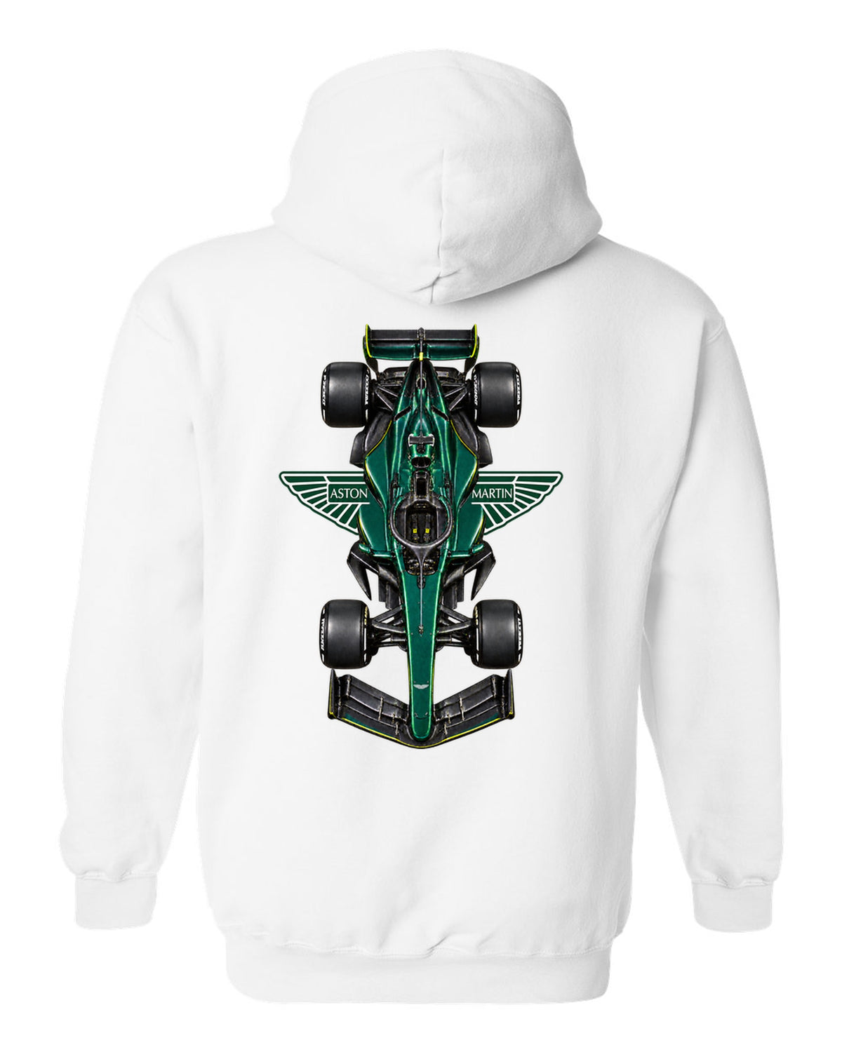 Aston Martin AMR26 Formula 1 overhead poster artwork white pull over hoodie back view with the design
