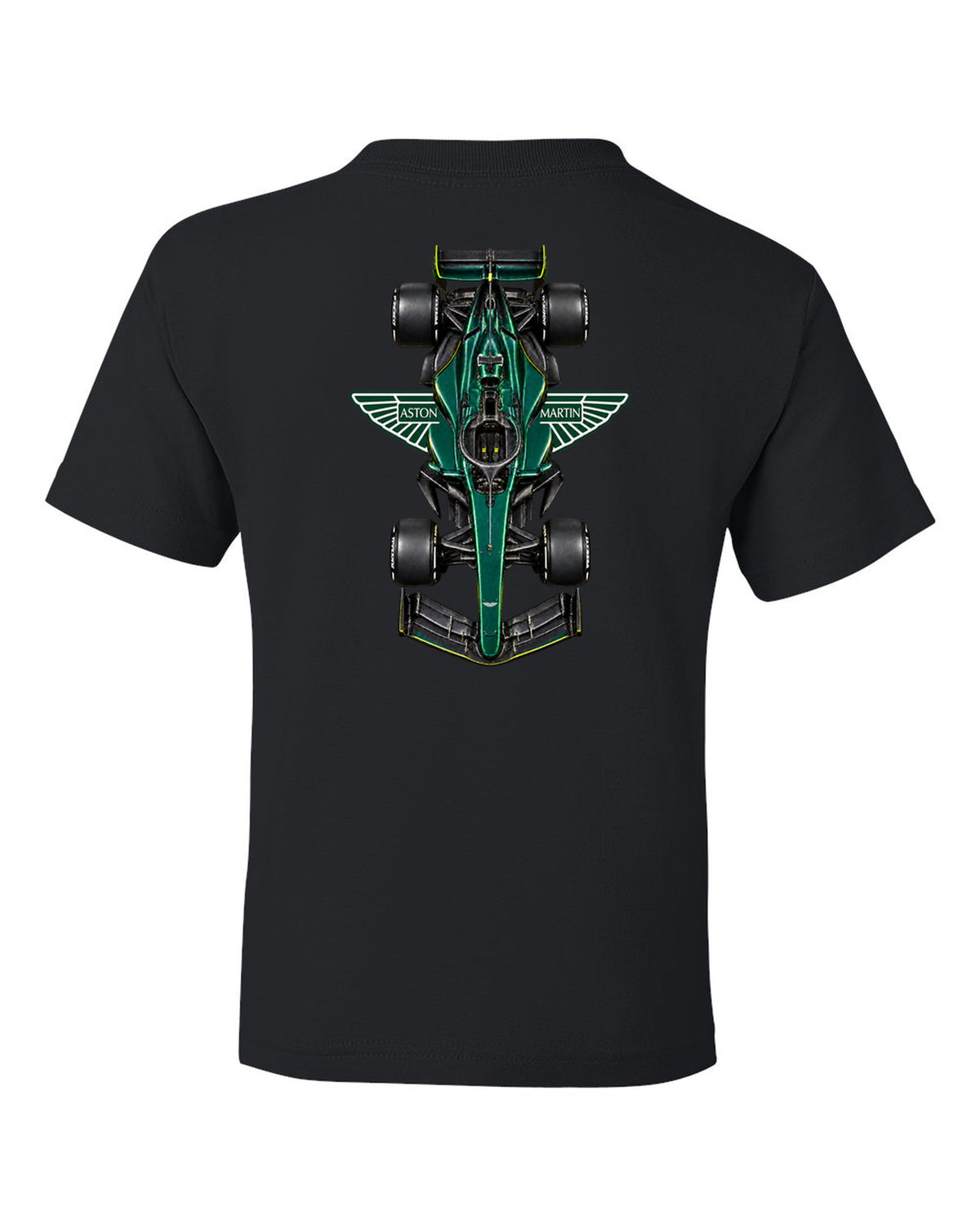Aston Martin AMR26 Formula 1 overhead poster artwork black kids tee back view with the design