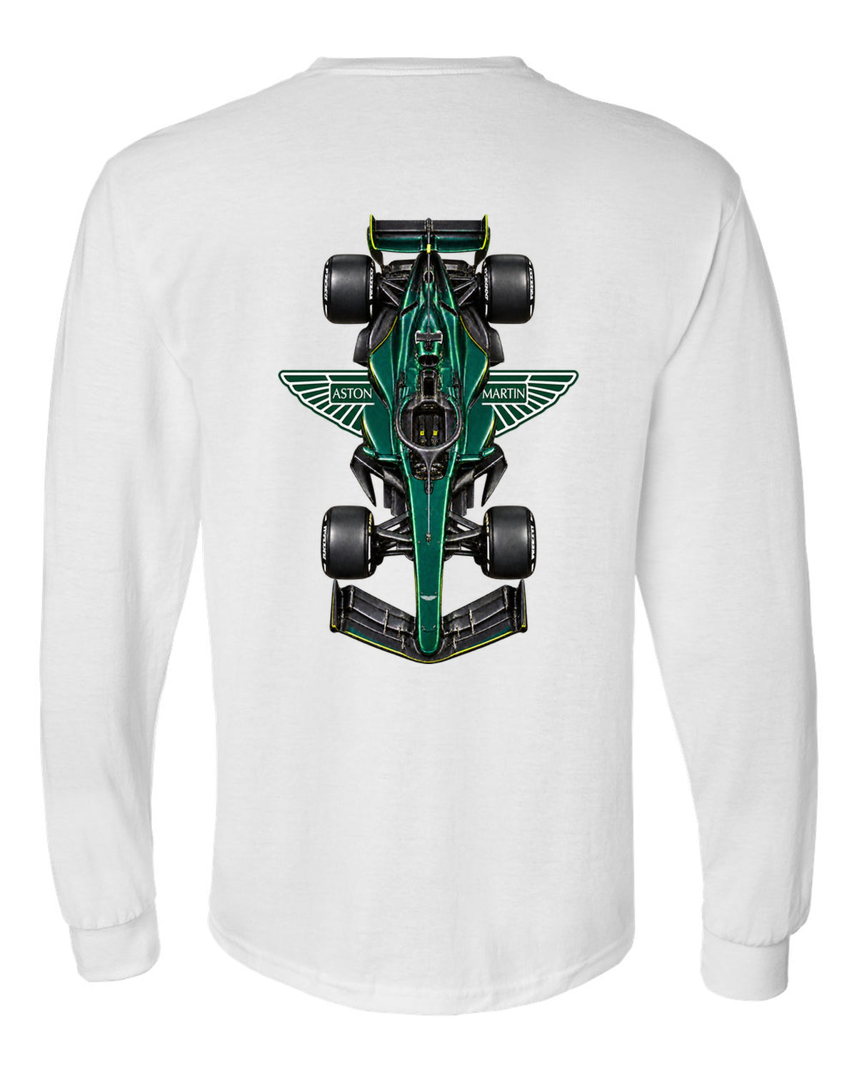 Aston Martin AMR26 Formula 1 overhead poster artwork white long sleeve back view with the design