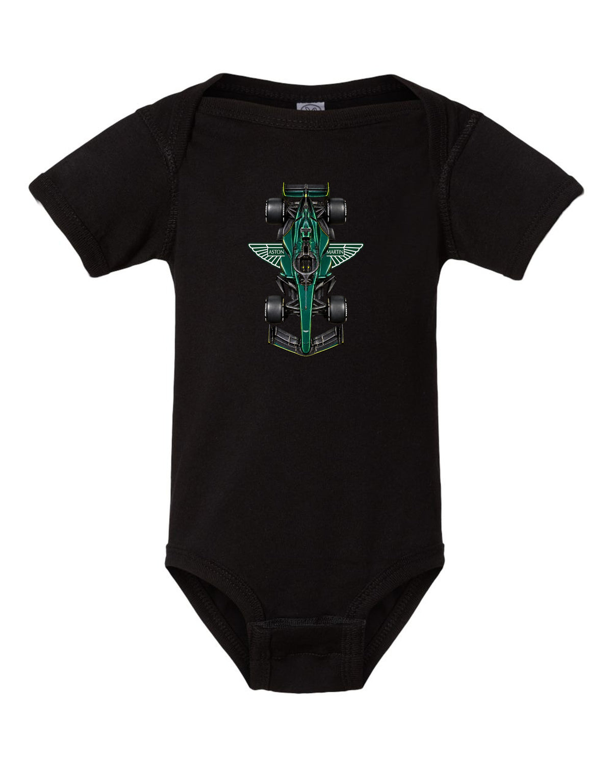 Aston Martin AMR26 Formula 1 overhead poster artwork black baby onesie front view with the design