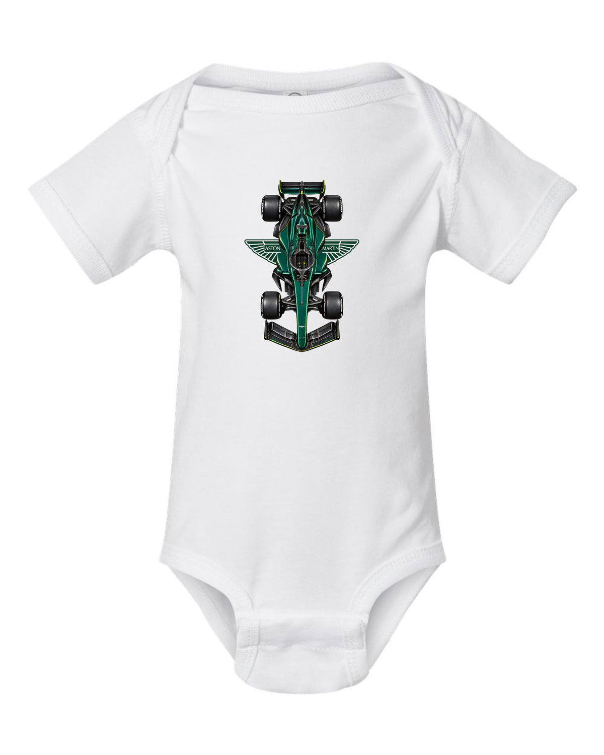 Aston Martin AMR26 Formula 1 overhead poster artwork white baby onesie front view with the design