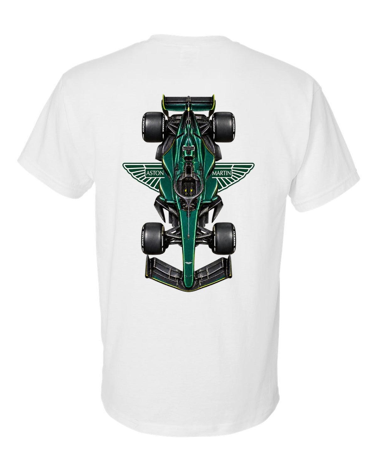 Aston Martin AMR26 Formula 1 overhead poster artwork white t-shirt back view with the design