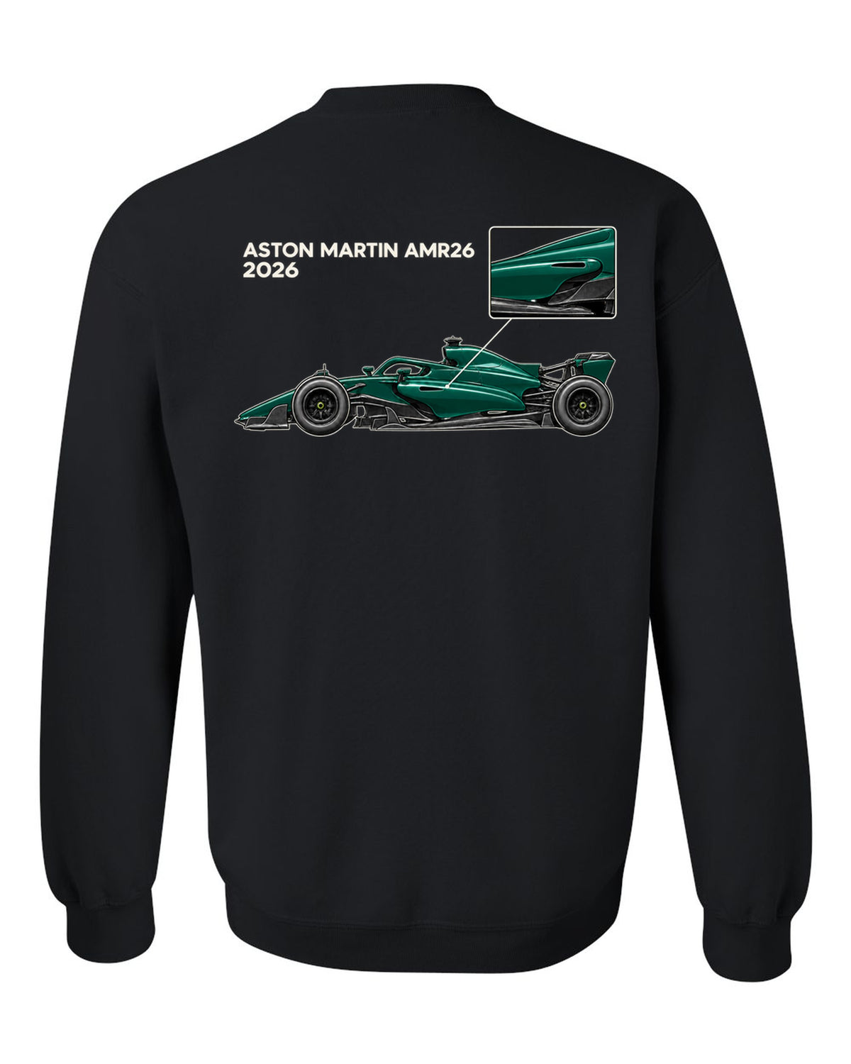 Aston Martin AMR26 2026 F1 car technical poster artwork black crewneck back view with the design