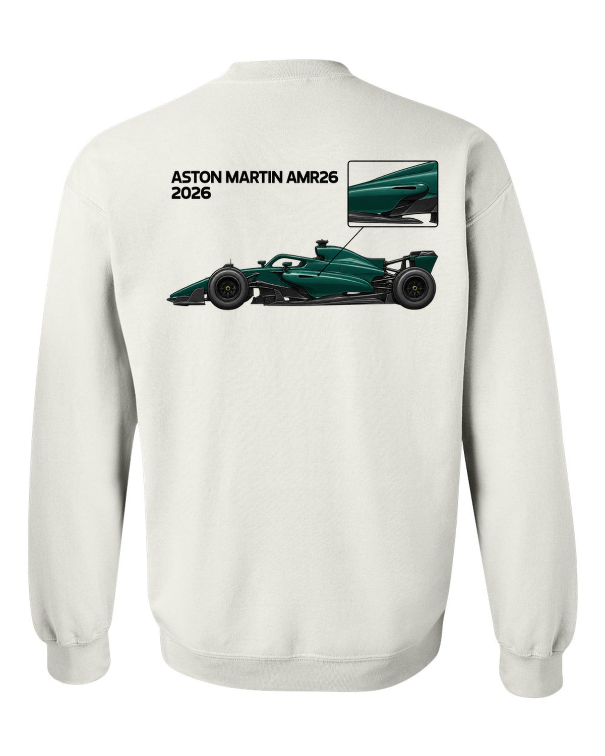 Aston Martin AMR26 2026 F1 car technical poster artwork white crewneck back view with the design