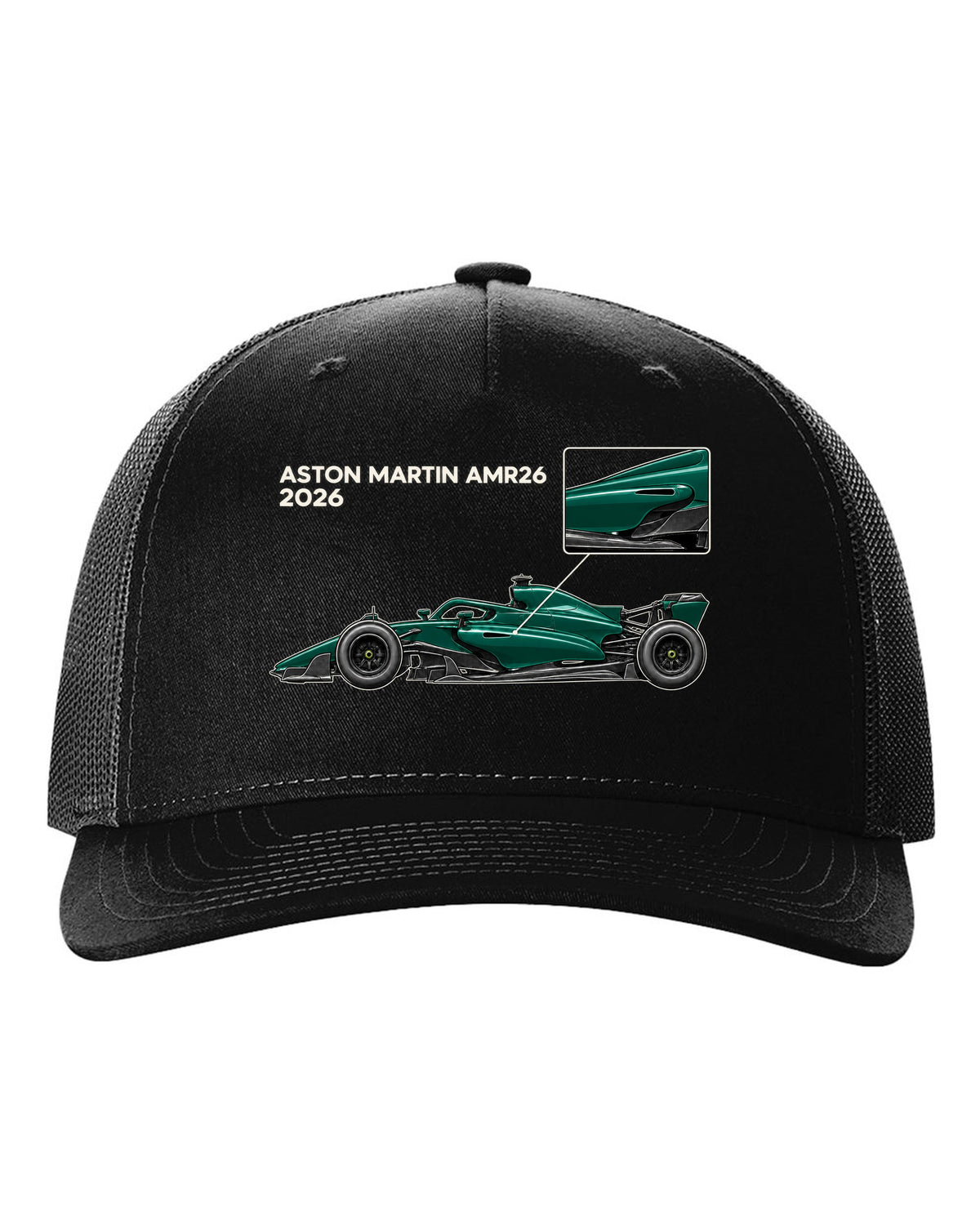 Aston Martin AMR26 2026 F1 car technical poster artwork black hat front view with the design