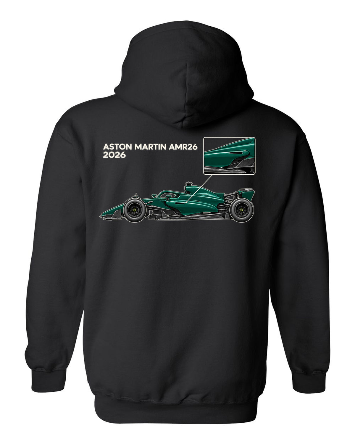 Aston Martin AMR26 2026 F1 car technical poster artwork black pull over hoodie back view with the design