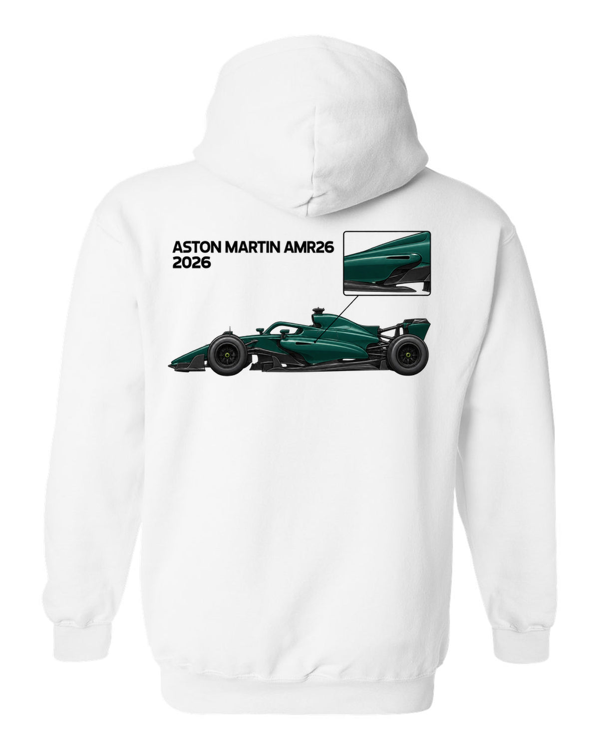 Aston Martin AMR26 2026 F1 car technical poster artwork white pull over hoodie back view with the design