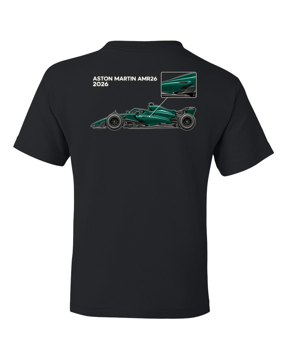 Aston Martin AMR26 2026 F1 car technical poster artwork black kids tee back view with the design