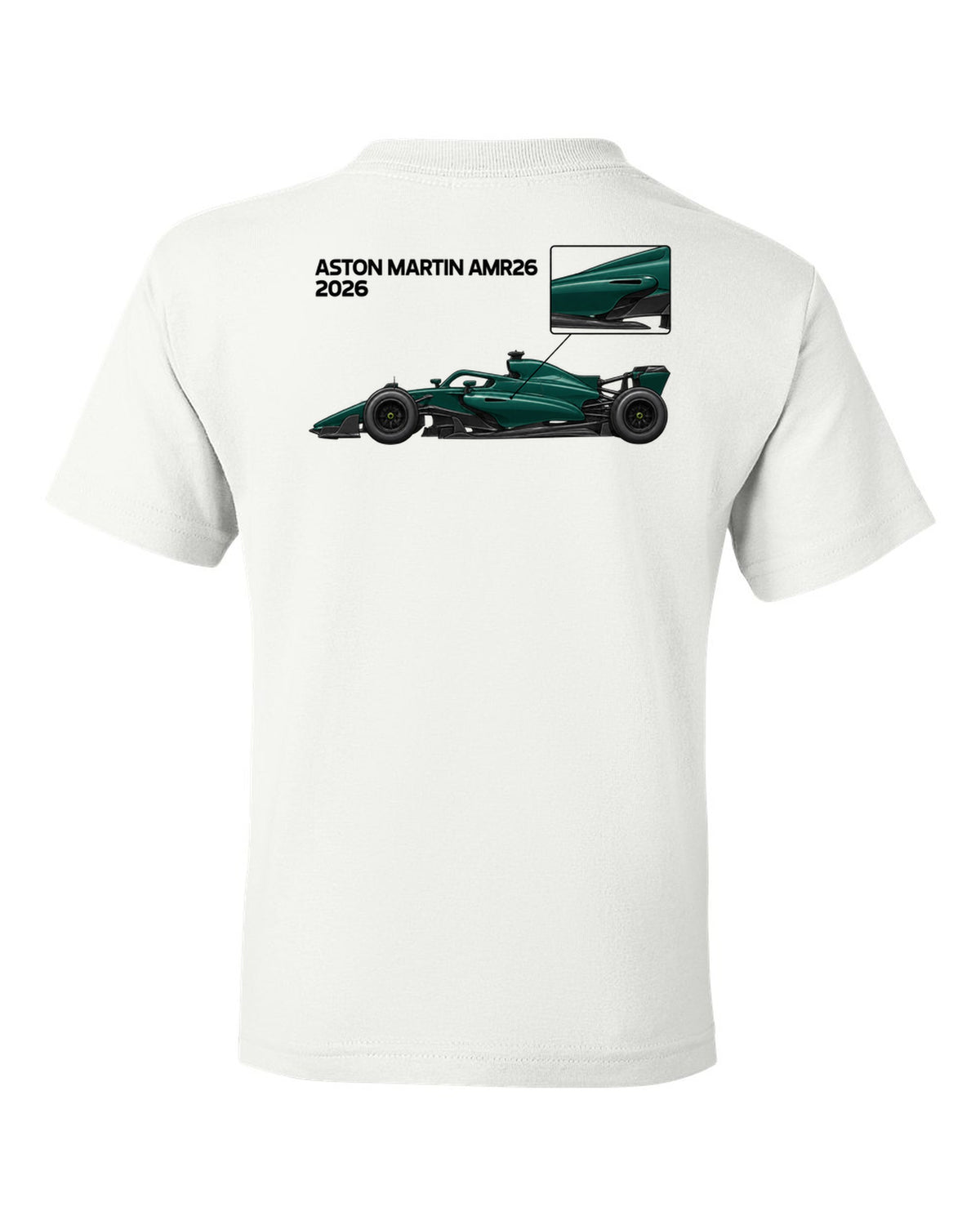 Aston Martin AMR26 2026 F1 car technical poster artwork white kids tee back view with the design