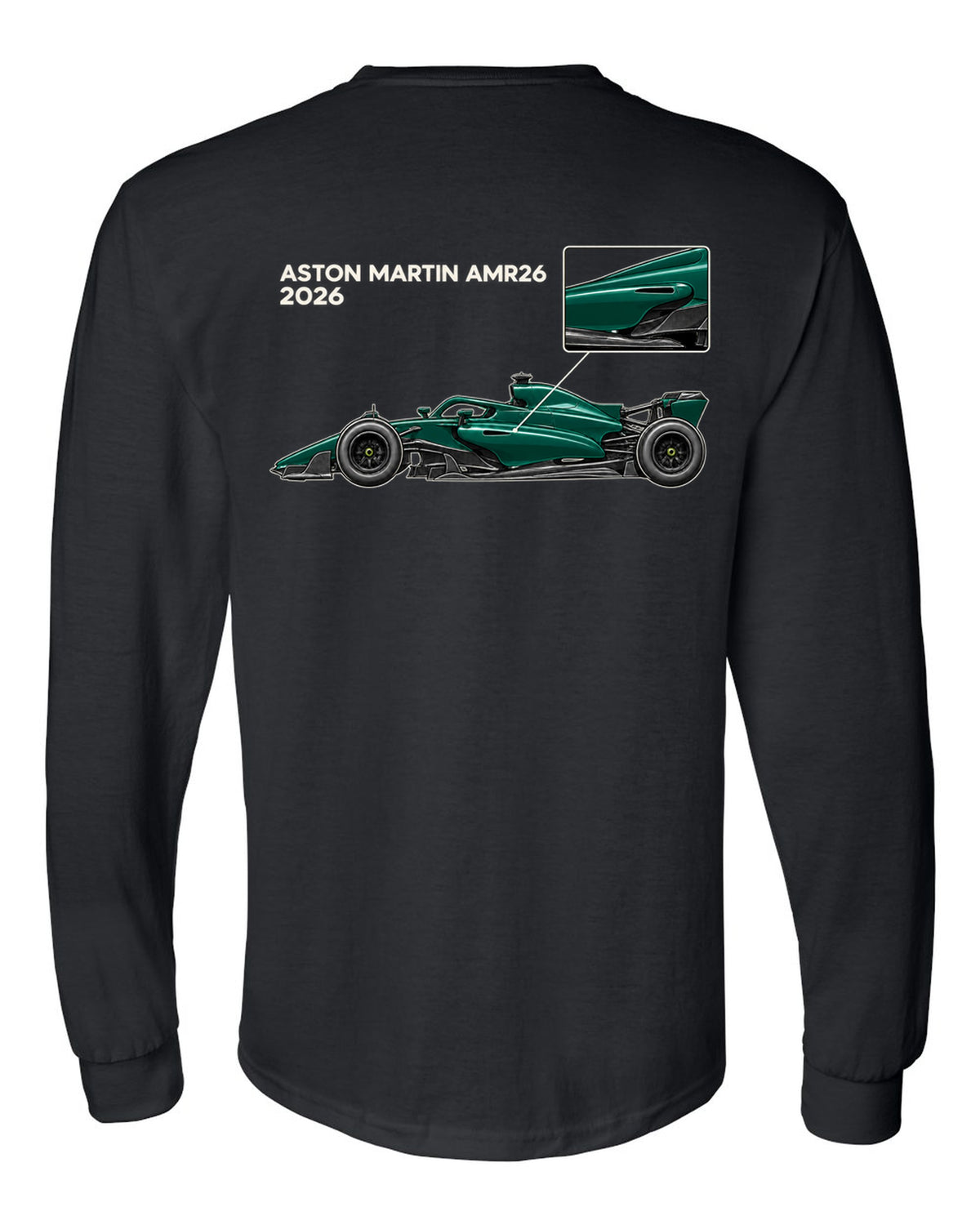 Aston Martin AMR26 2026 F1 car technical poster artwork black long sleeve back view with the design