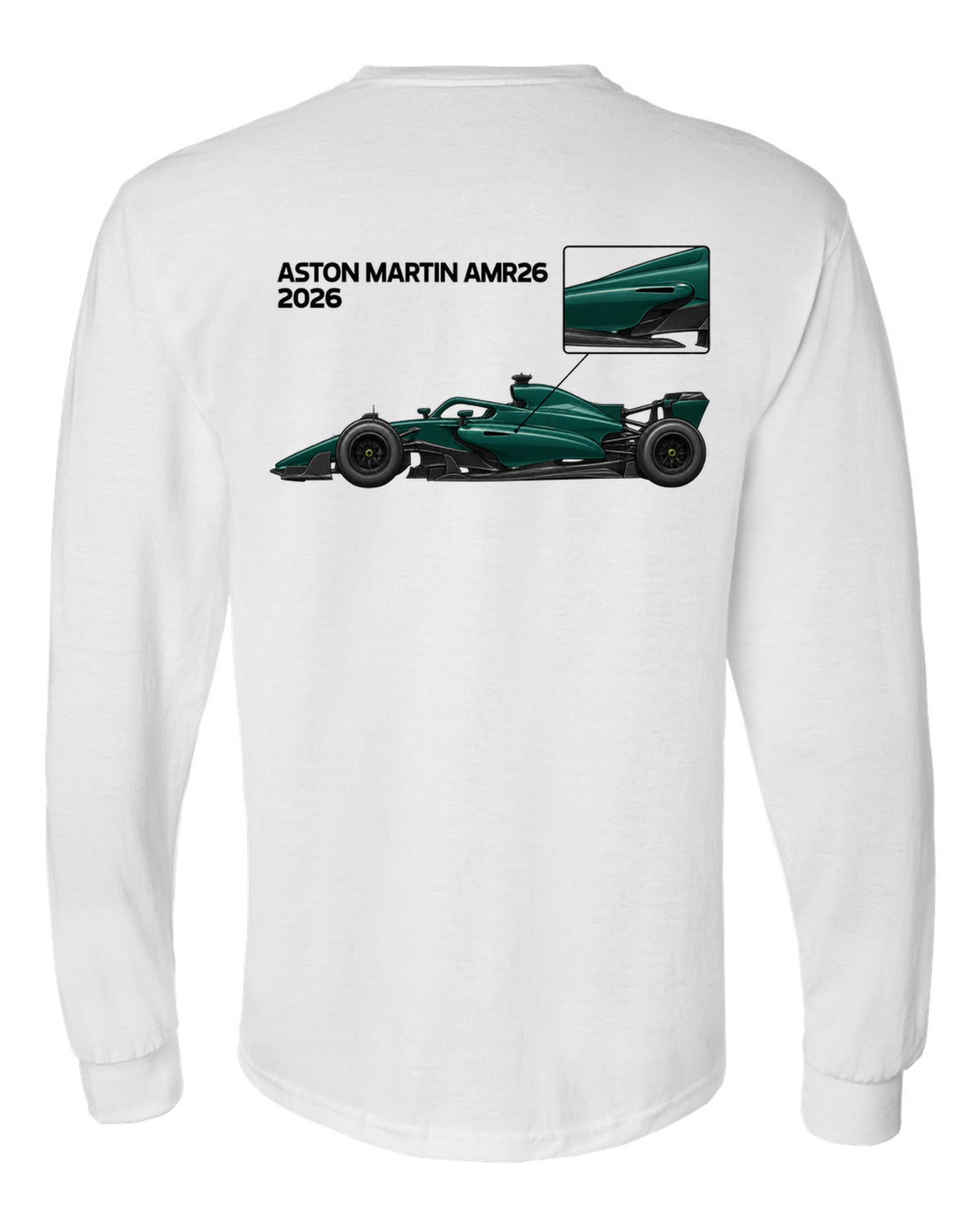 Aston Martin AMR26 2026 F1 car technical poster artwork white long sleeve back view with the design