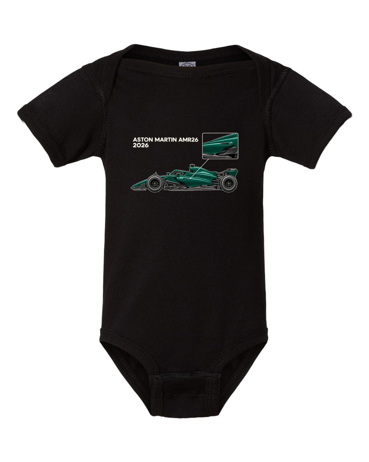 Aston Martin AMR26 2026 F1 car technical poster artwork black baby onesie front view with the design