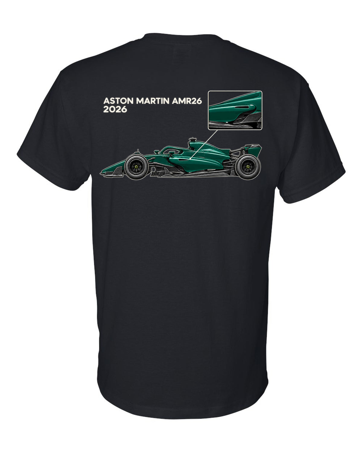 Aston Martin AMR26 2026 F1 car technical poster artwork black t-shirt back view with the design