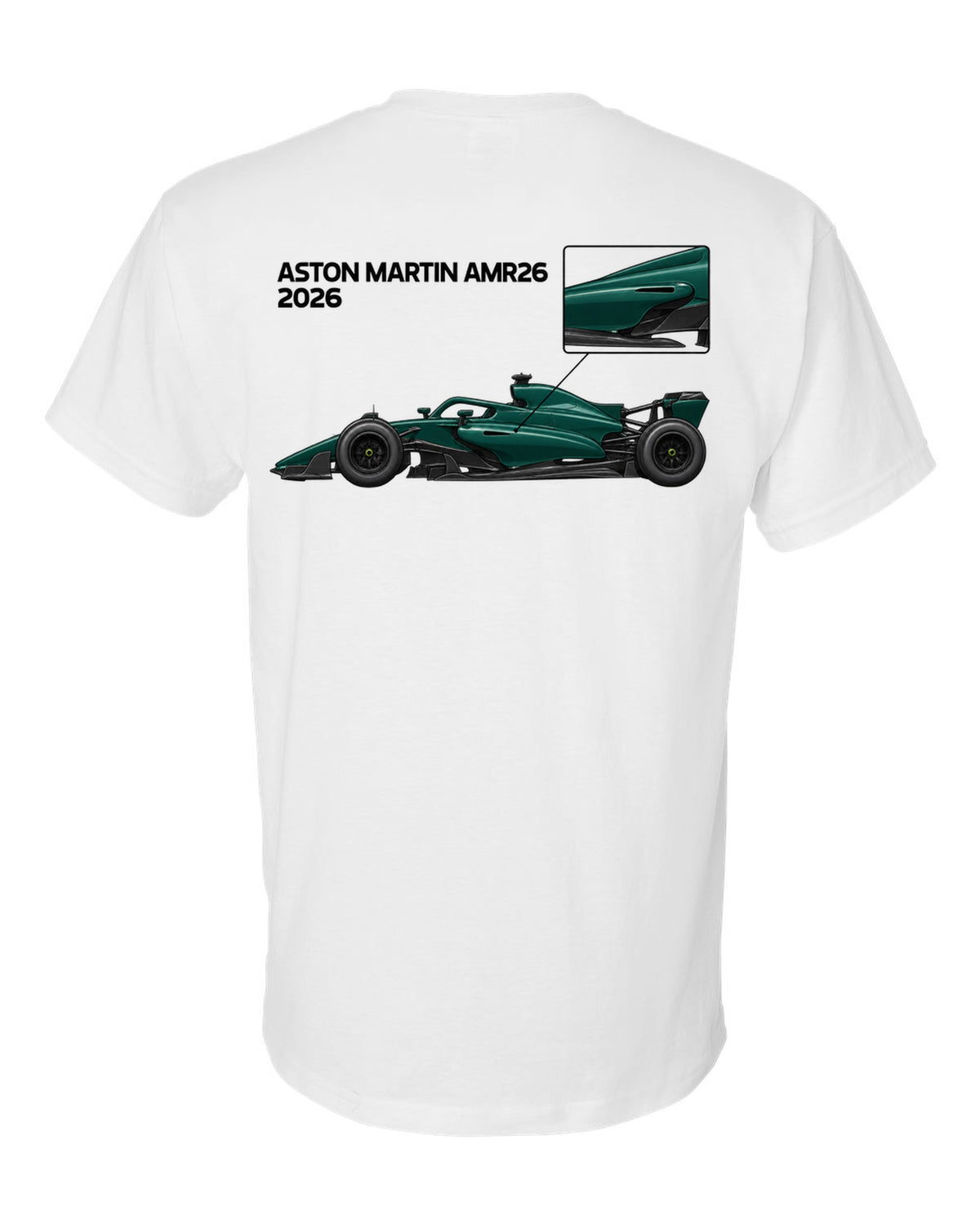 Aston Martin AMR26 2026 F1 car technical poster artwork white t-shirt back view with the design