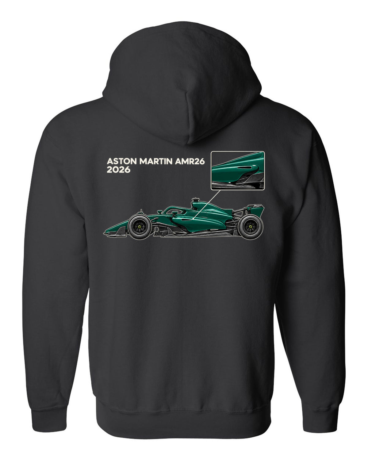 Aston Martin AMR26 2026 F1 car technical poster artwork black zip hoodie back view with the design
