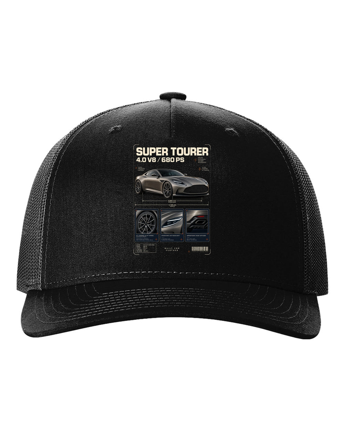Aston Martin DB12 2023 dossier panels print with super tourer 4.0 V8 680 PS text black hat front view with the design