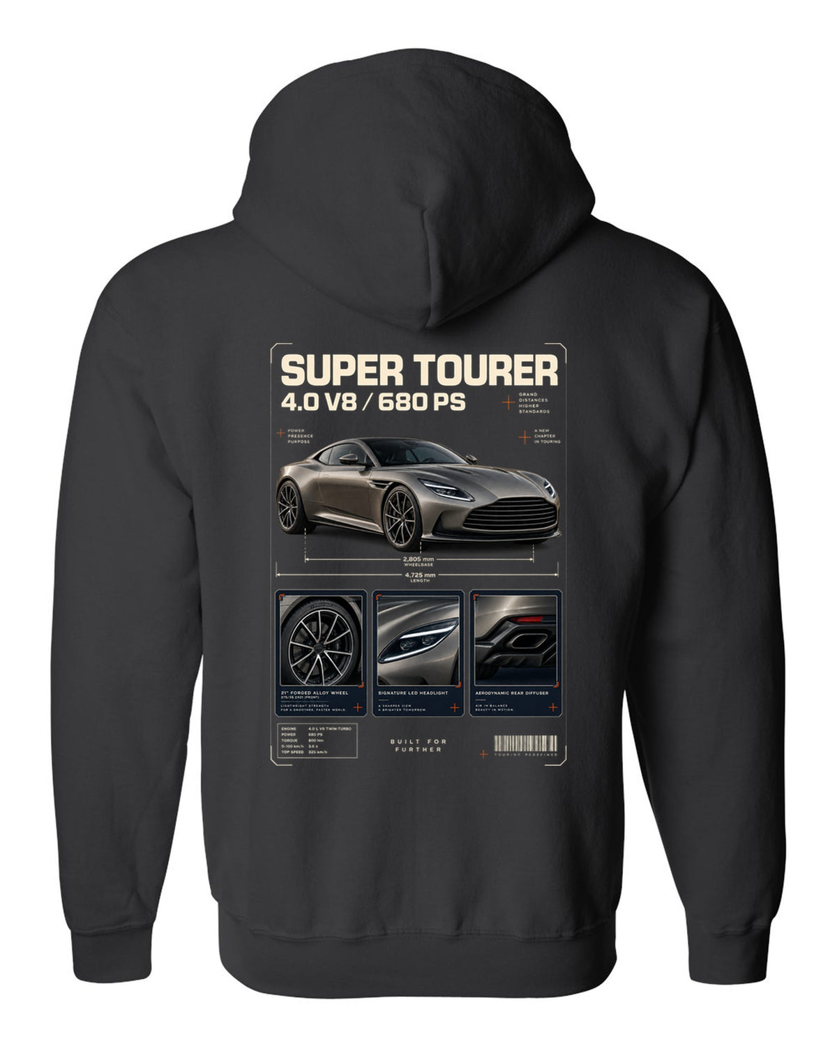 Aston Martin DB12 2023 dossier panels print with super tourer 4.0 V8 680 PS text black zip hoodie back view with the design