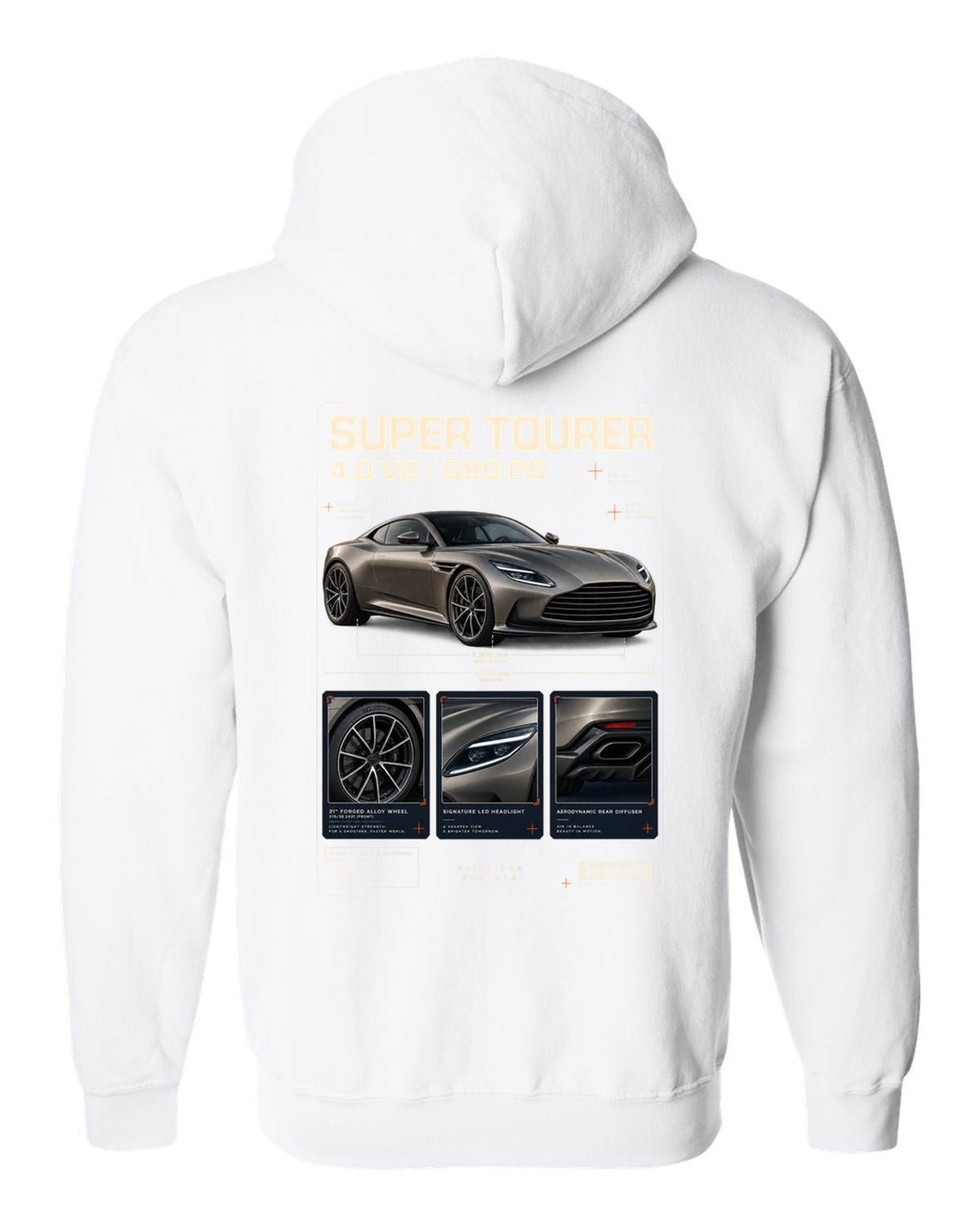 Aston Martin DB12 2023 dossier panels print with super tourer 4.0 V8 680 PS text white zip hoodie back view with the design