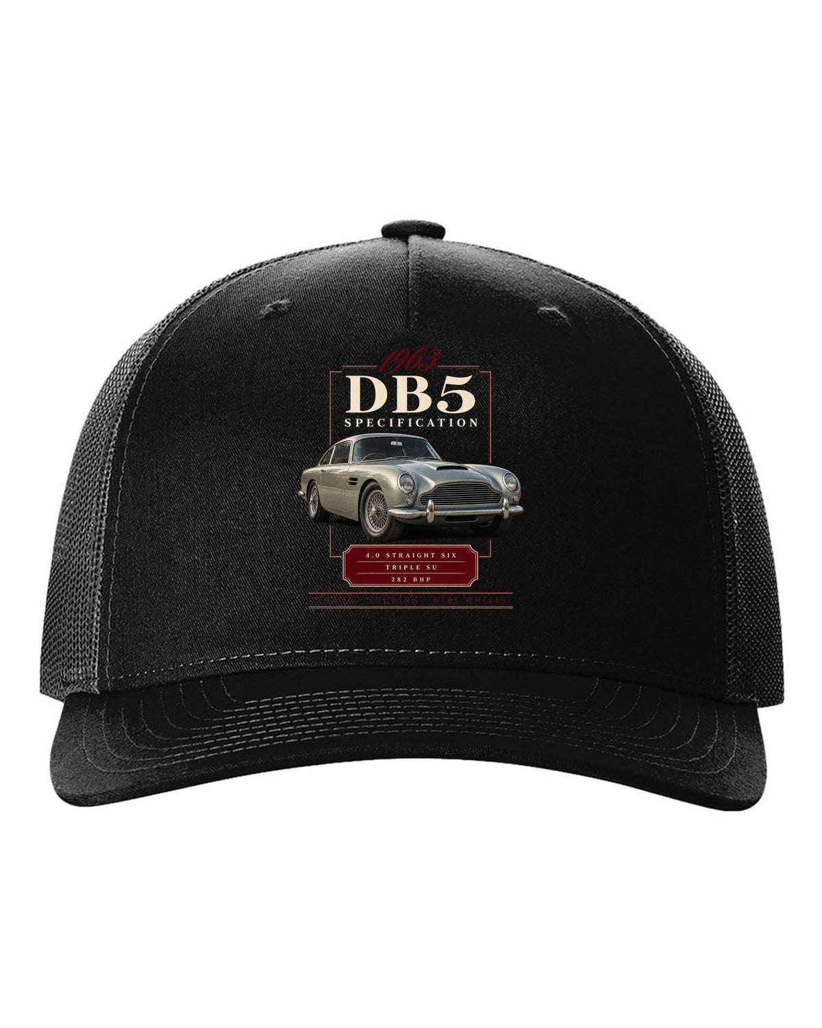 Aston Martin DB5 wire wheel archive specification panel black hat front view with the design