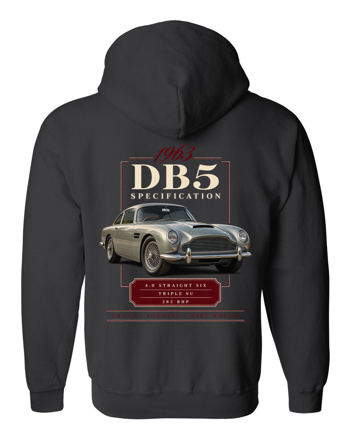 Aston Martin DB5 wire wheel archive specification panel black zip hoodie back view with the design