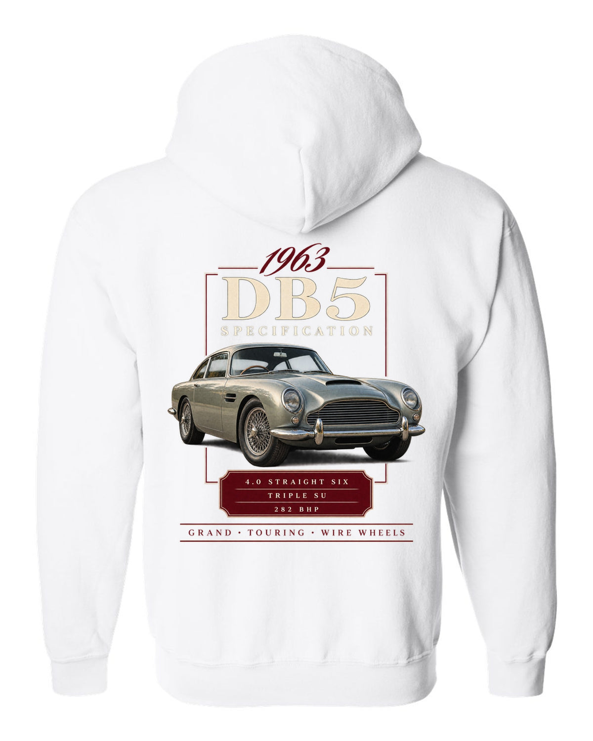 Aston Martin DB5 wire wheel archive specification panel white zip hoodie back view with the design