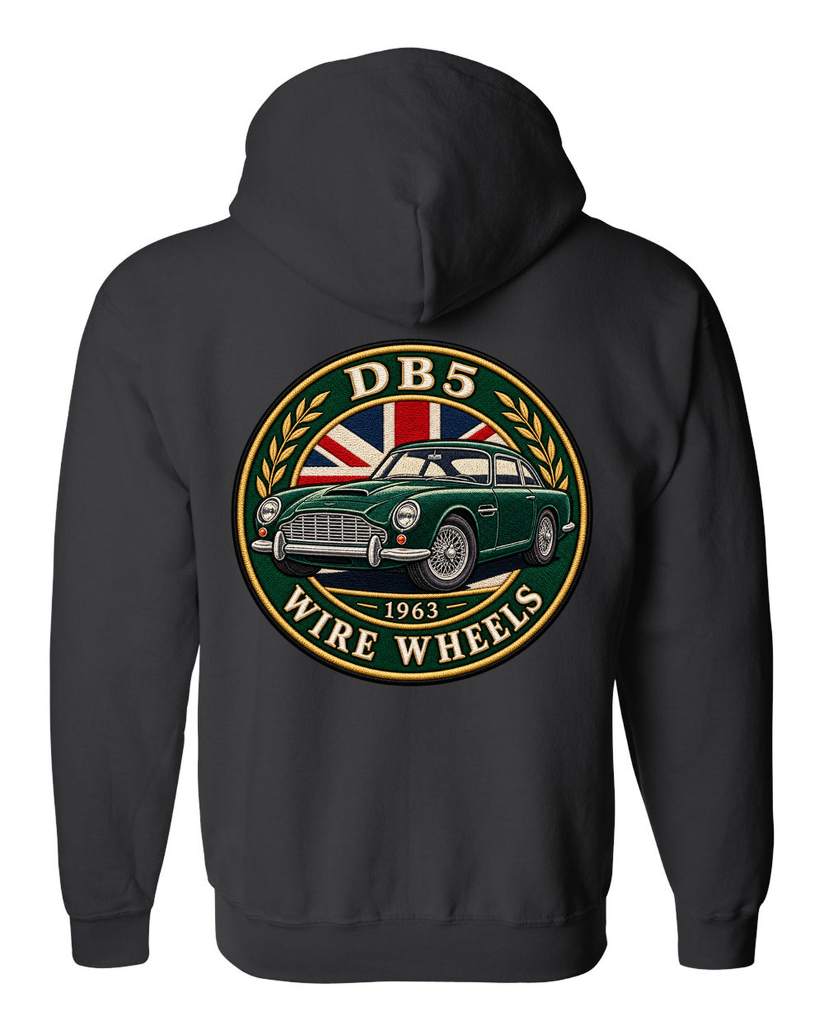 Aston Martin DB5 varsity crest with DB5 1963 WIRE WHEELS lettering black zip hoodie back view with the design