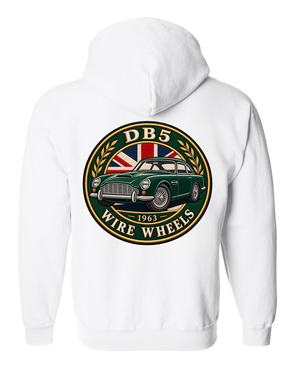 Aston Martin DB5 varsity crest with DB5 1963 WIRE WHEELS lettering white zip hoodie back view with the design