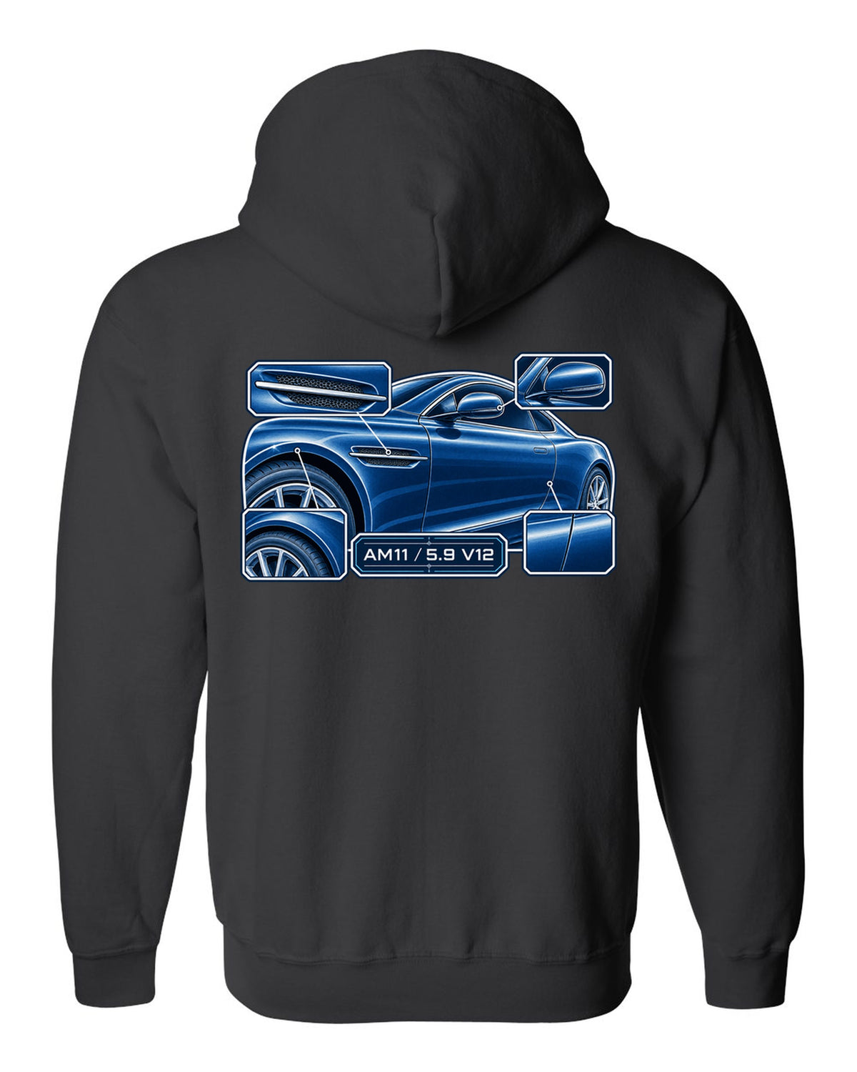 Aston Martin DB9 cyanotype blueprint with AM11 5.9 V12 lettering black zip hoodie back view with the design