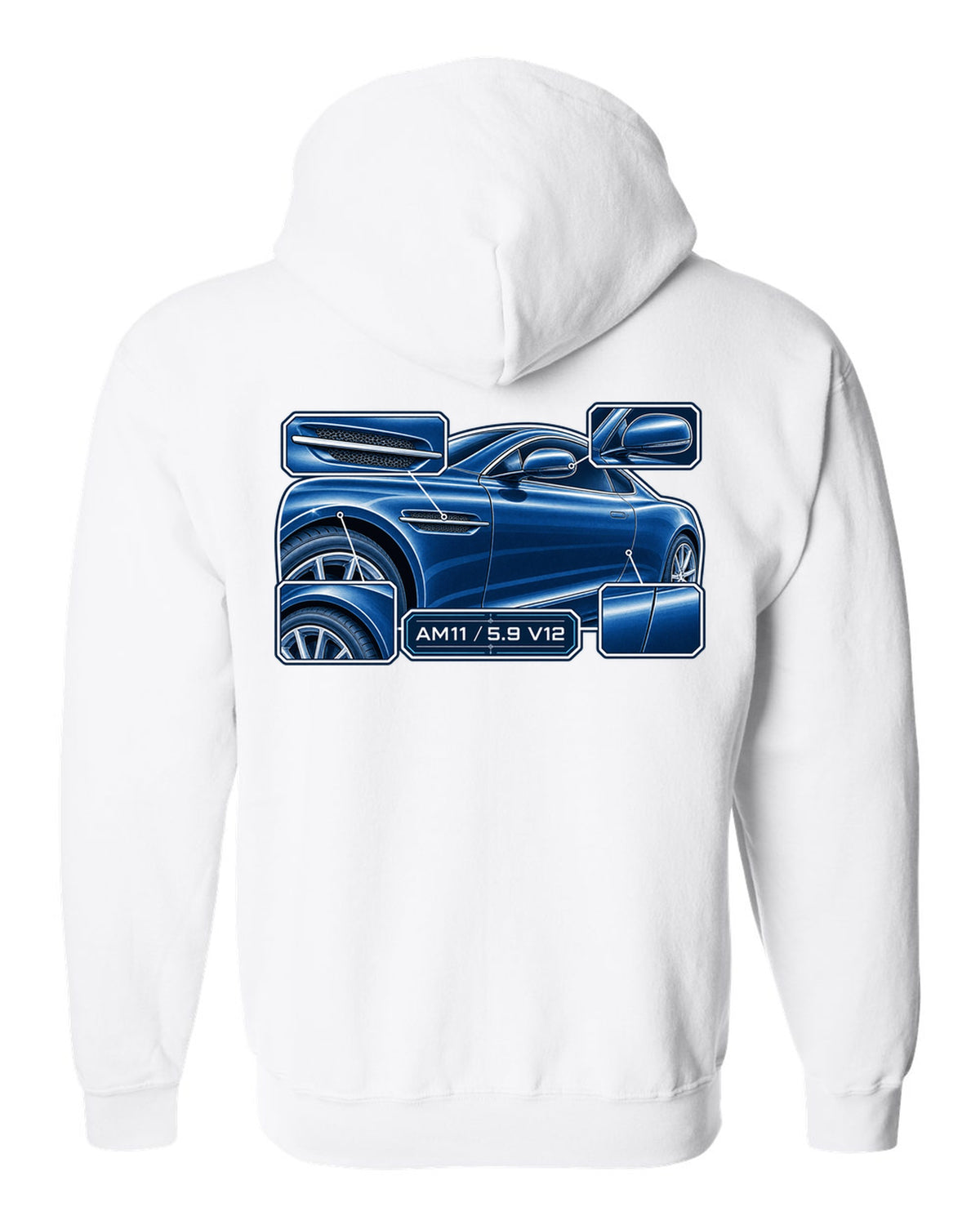 Aston Martin DB9 cyanotype blueprint with AM11 5.9 V12 lettering white zip hoodie back view with the design