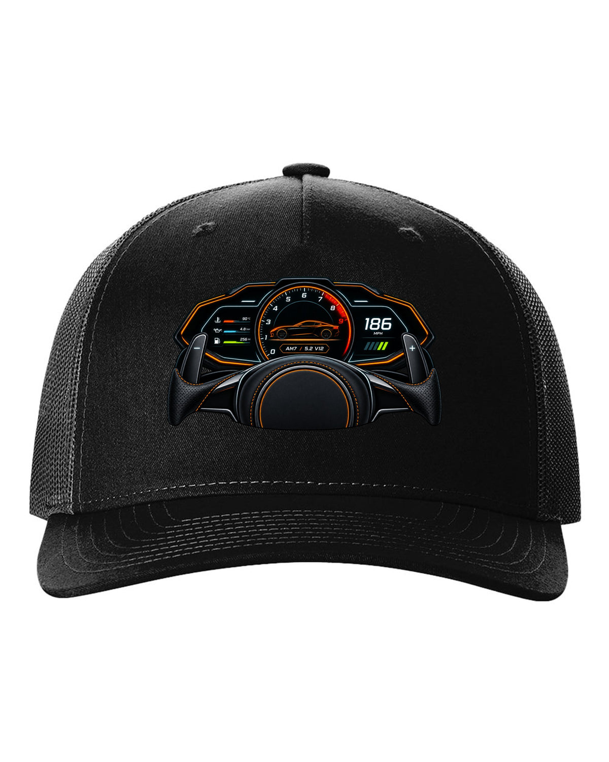 Gauge cluster and HUD style print for the 2018 Aston Martin DBS Superleggera with AM7 and 5.2 V12 readout black hat front view with the design