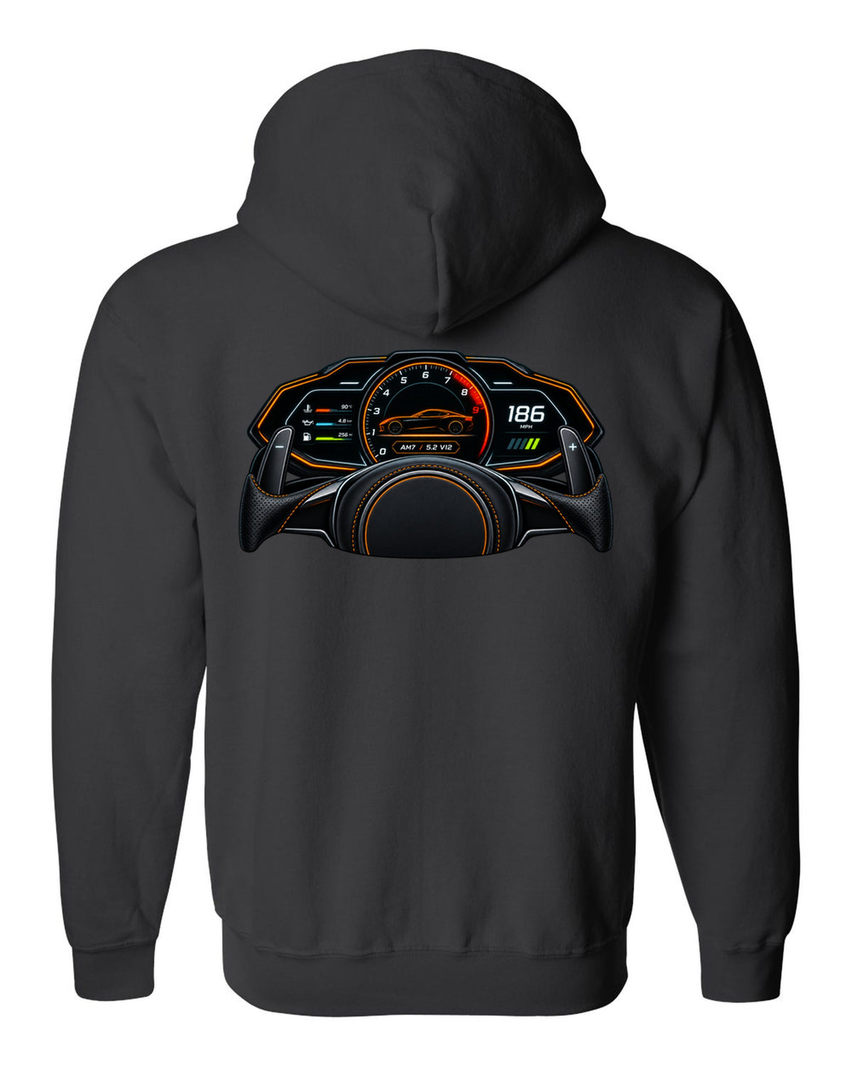 Gauge cluster and HUD style print for the 2018 Aston Martin DBS Superleggera with AM7 and 5.2 V12 readout black zip hoodie back view with the design