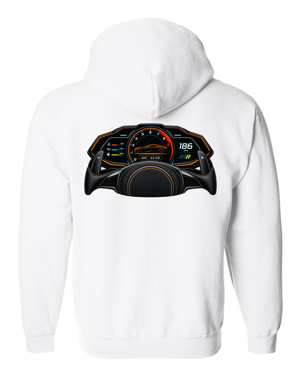 Gauge cluster and HUD style print for the 2018 Aston Martin DBS Superleggera with AM7 and 5.2 V12 readout white zip hoodie back view with the design