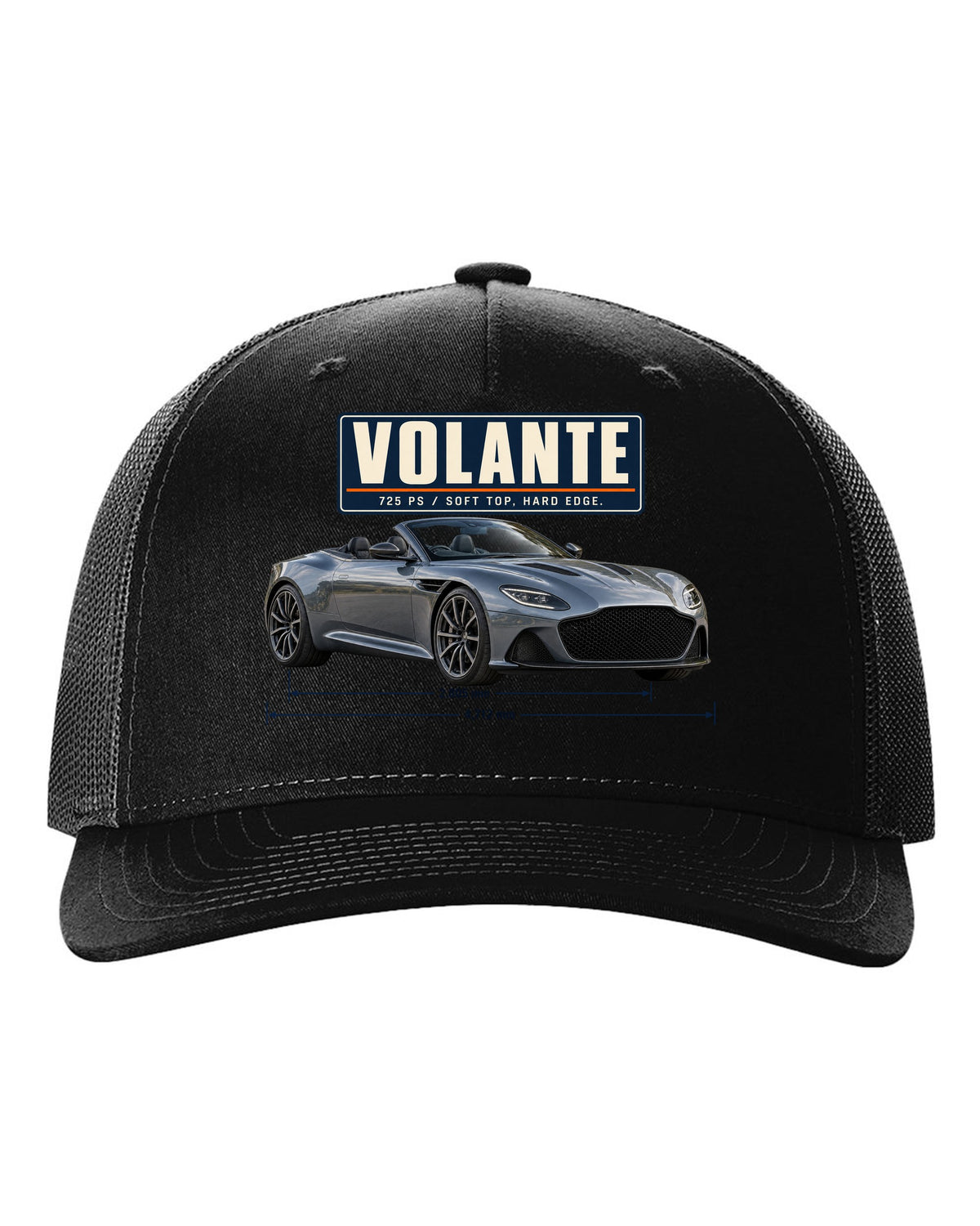 Aston Martin DBS Volante 2019 top-down editorial headline print with 725 PS text black hat front view with the design