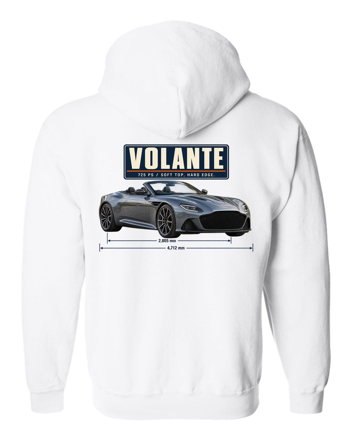 Aston Martin DBS Volante 2019 top-down editorial headline print with 725 PS text white zip hoodie back view with the design