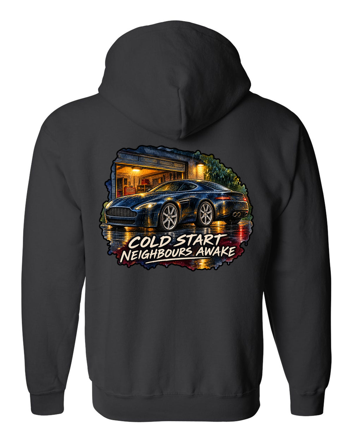 Aston Martin V8 Vantage watercolour wet-road night with COLD START NEIGHBOURS AWAKE black zip hoodie back view with the design