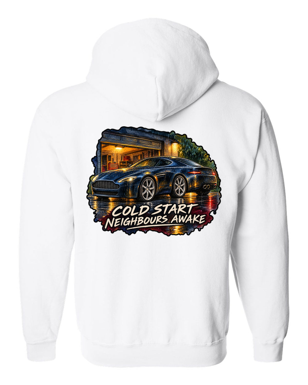 Aston Martin V8 Vantage watercolour wet-road night with COLD START NEIGHBOURS AWAKE white zip hoodie back view with the design