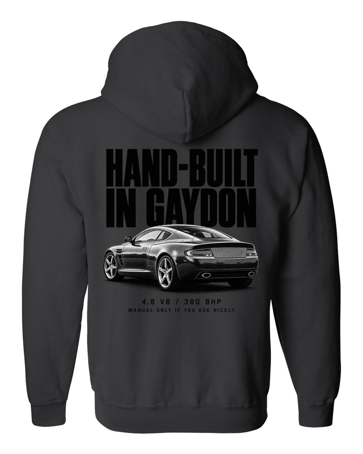 Aston Martin V8 Vantage 2005 halftone print with Gaydon text black zip hoodie back view with the design