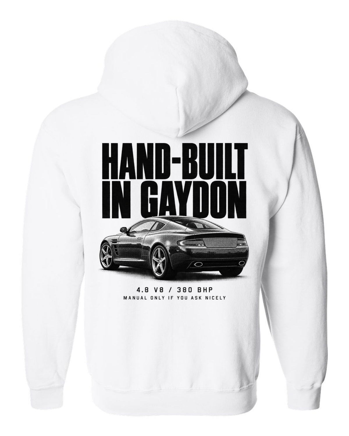 Aston Martin V8 Vantage 2005 halftone print with Gaydon text white zip hoodie back view with the design