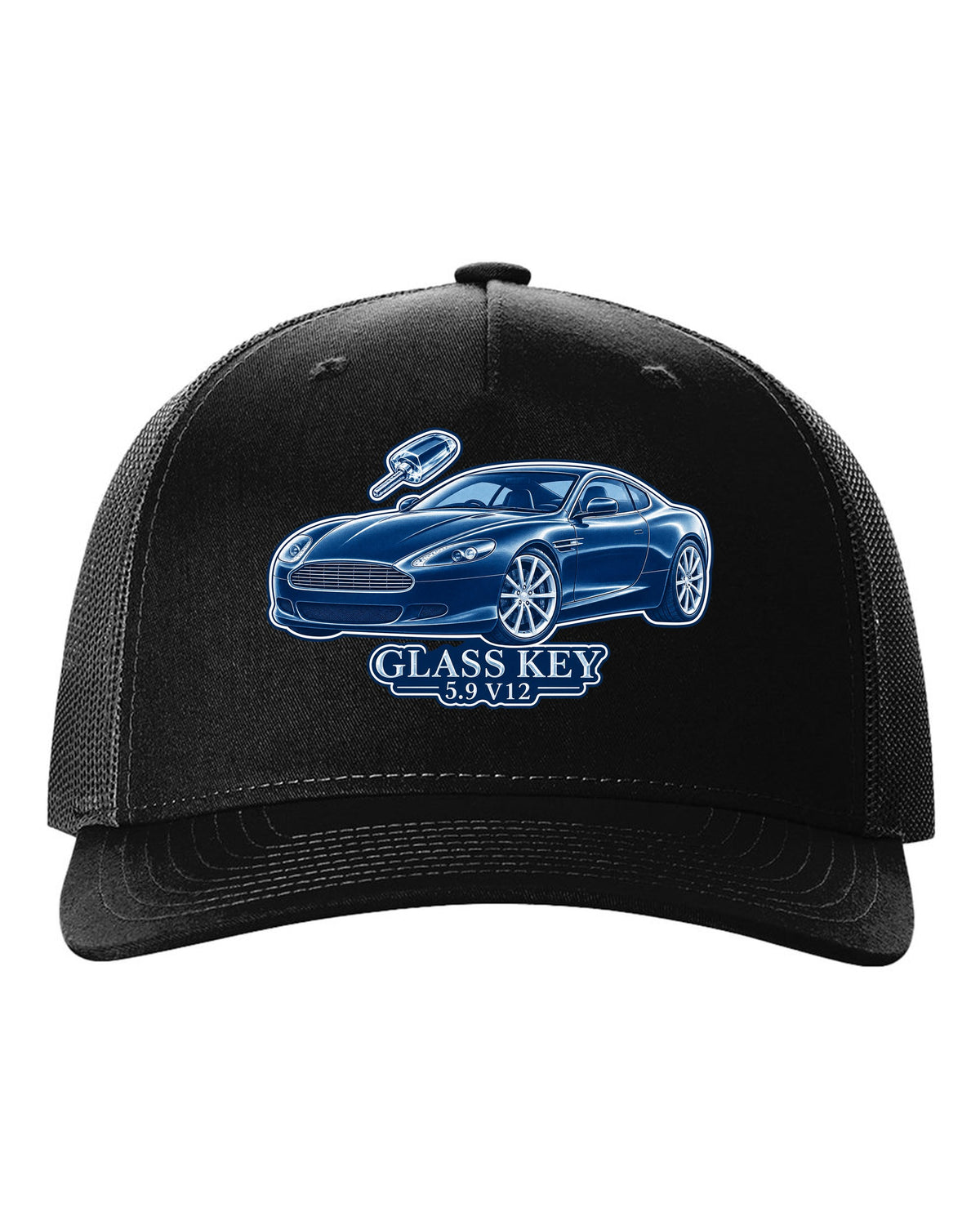 Cel-shaded anime night street print of a 2005 Aston Martin V8 Vantage in rain with glass key lettering black hat front view with the design