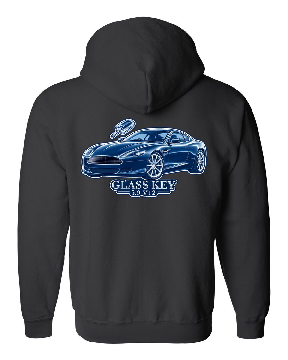 Cel-shaded anime night street print of a 2005 Aston Martin V8 Vantage in rain with glass key lettering black zip hoodie back view with the design