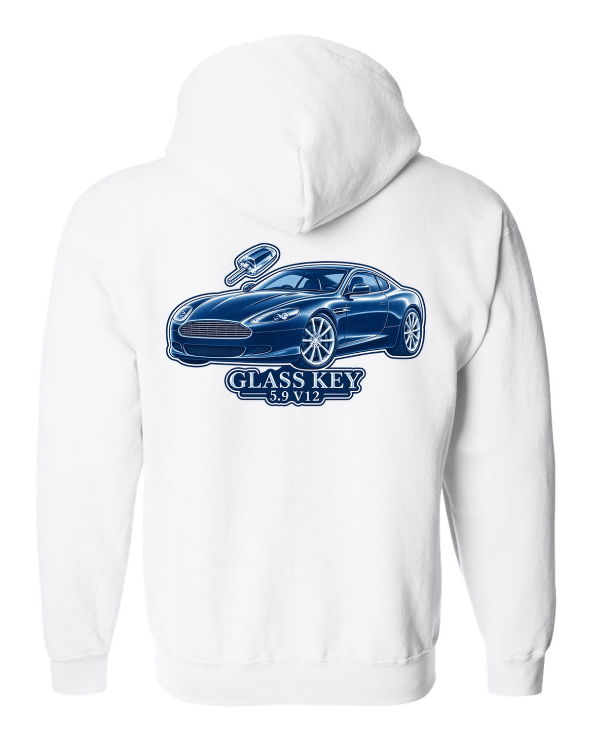 Cel-shaded anime night street print of a 2005 Aston Martin V8 Vantage in rain with glass key lettering white zip hoodie back view with the design