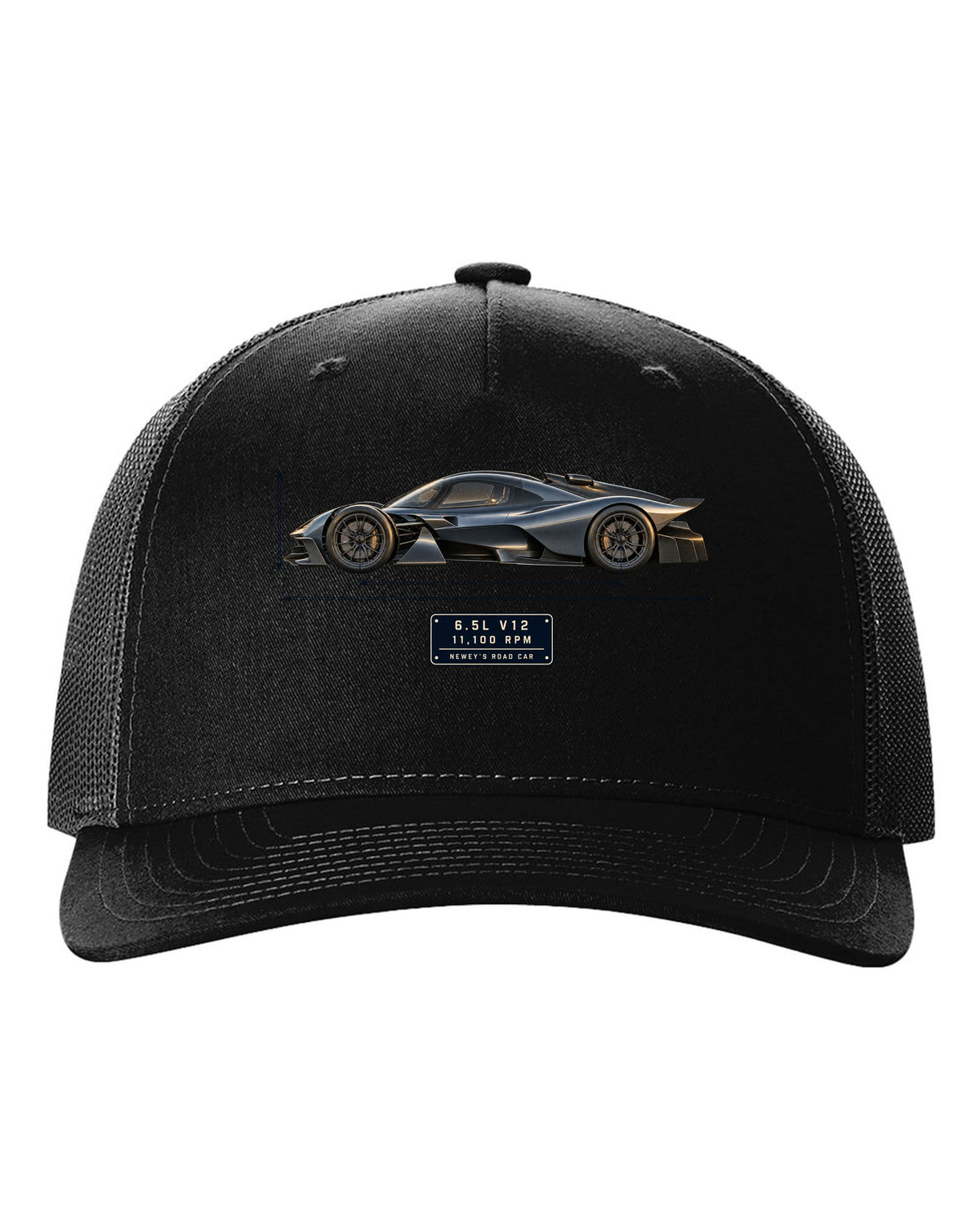 Aston Martin Valkyrie 2021 blueprint print with 6.5L V12 and 11,100 rpm lettering black hat front view with the design