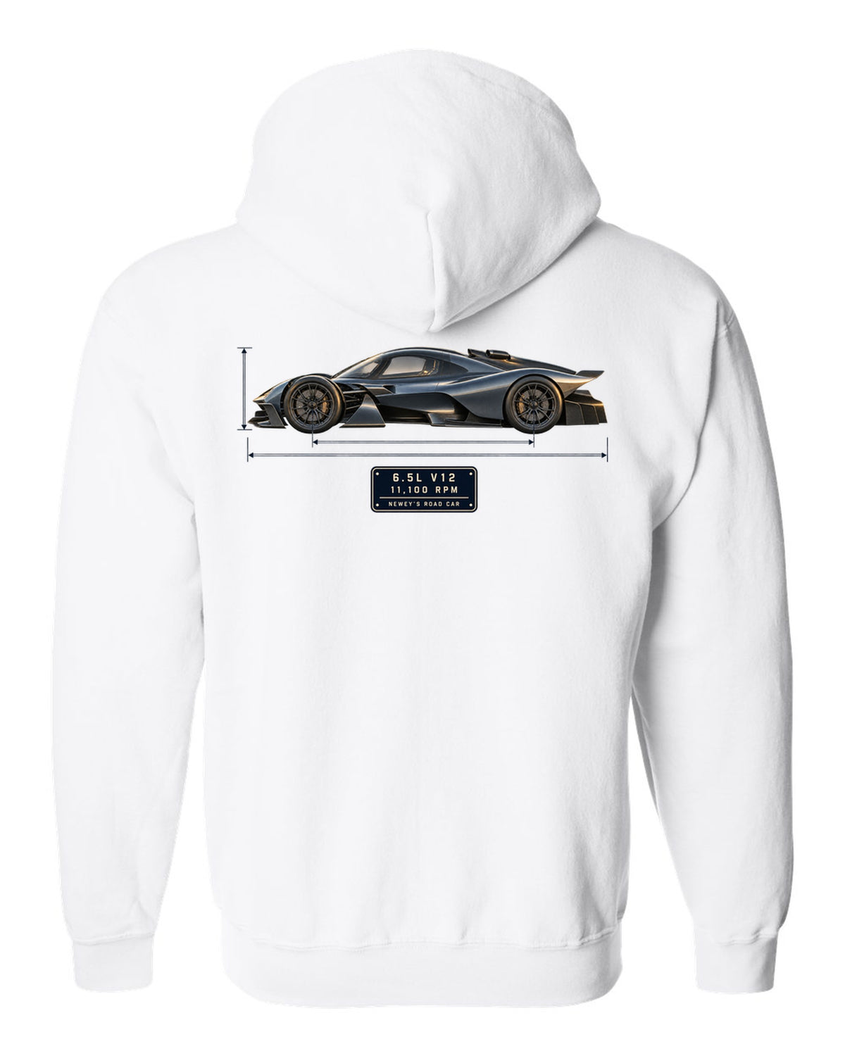 Aston Martin Valkyrie 2021 blueprint print with 6.5L V12 and 11,100 rpm lettering white zip hoodie back view with the design