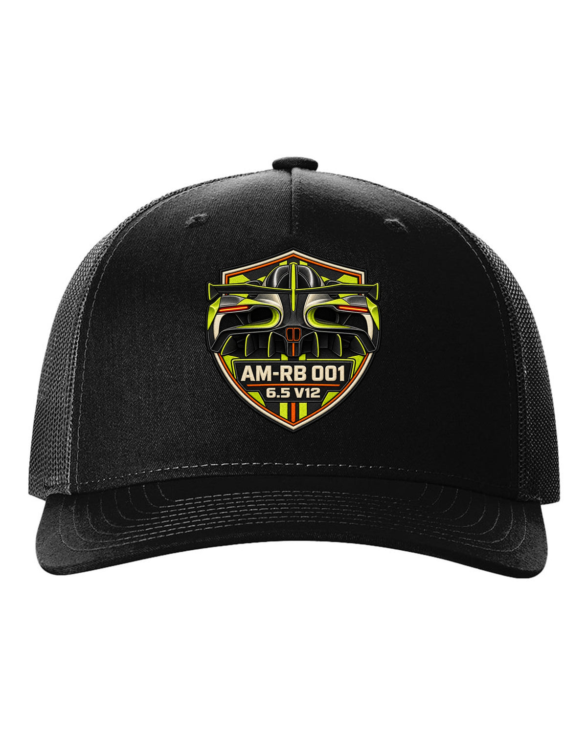 Varsity embroidery-style tunnel print of the 2021 Aston Martin Valkyrie with AM-RB 001 and 6.5 V12 lettering black hat front view with the design