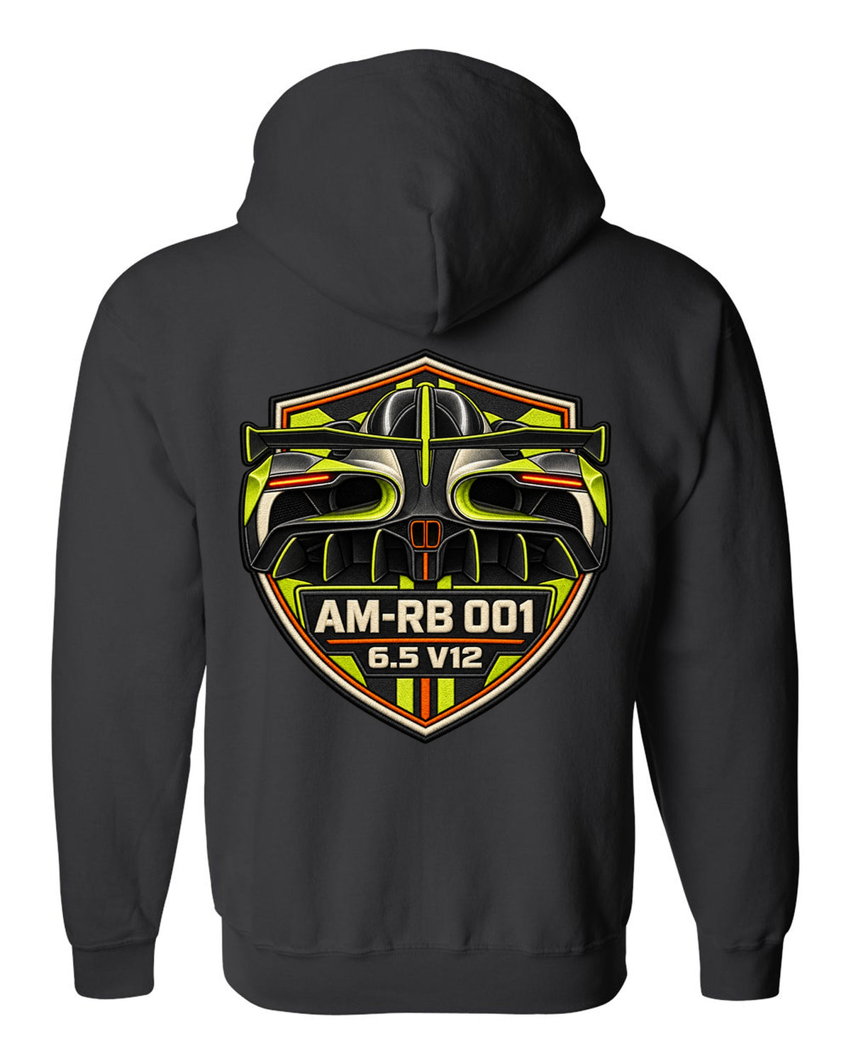 Varsity embroidery-style tunnel print of the 2021 Aston Martin Valkyrie with AM-RB 001 and 6.5 V12 lettering black zip hoodie back view with the design