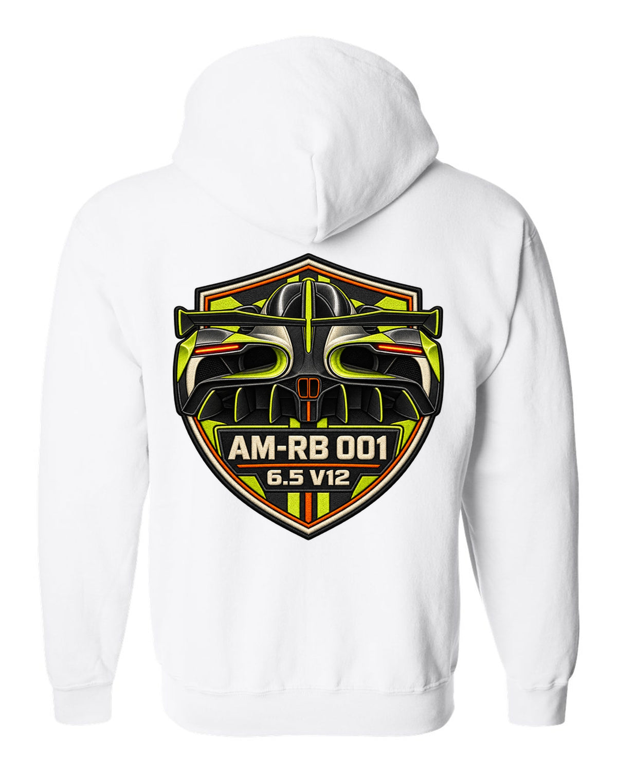 Varsity embroidery-style tunnel print of the 2021 Aston Martin Valkyrie with AM-RB 001 and 6.5 V12 lettering white zip hoodie back view with the design