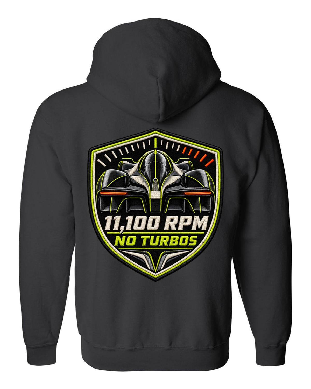 Embroidery-style varsity print for the Aston Martin Valkyrie with 11,100 rpm and no turbos lettering black zip hoodie back view with the design