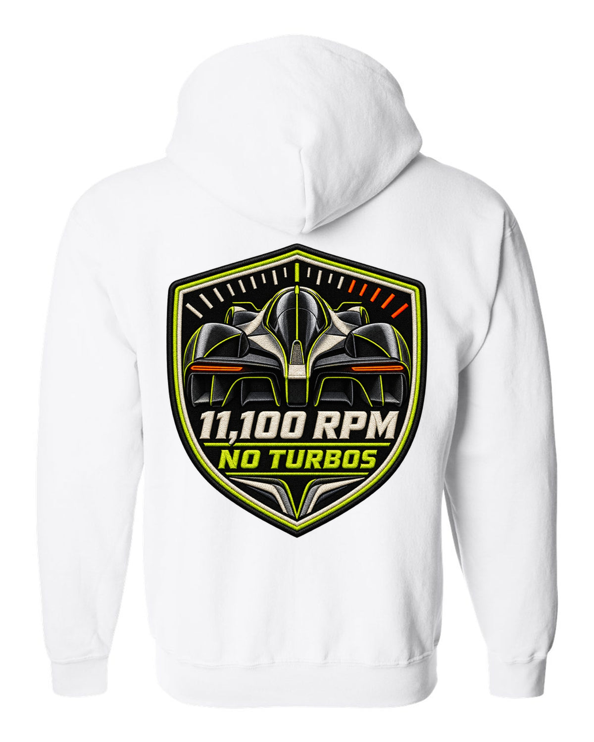 Embroidery-style varsity print for the Aston Martin Valkyrie with 11,100 rpm and no turbos lettering white zip hoodie back view with the design