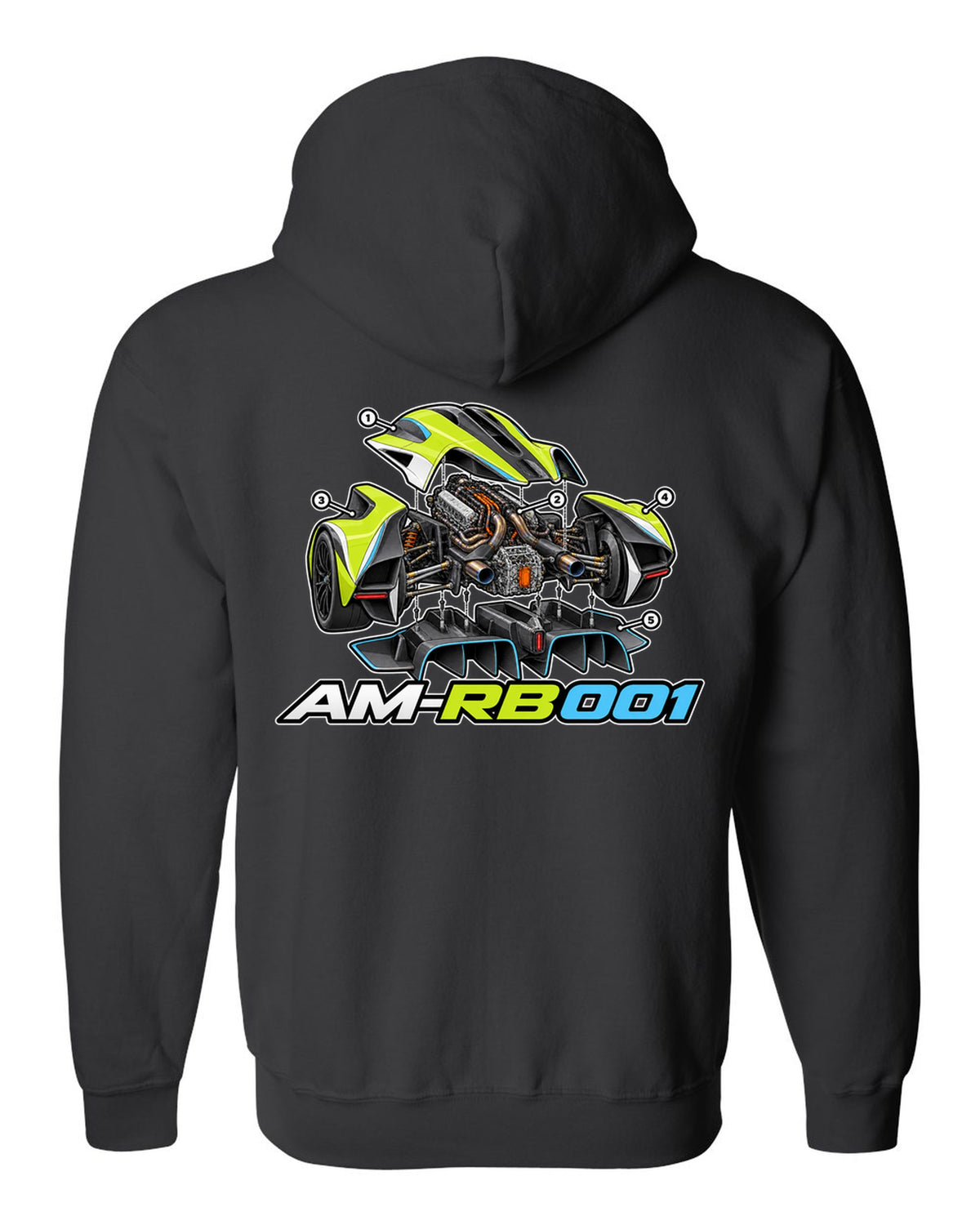 Aston Martin Valkyrie exploded isometric cutaway labelled AM-RB 001 black zip hoodie back view with the design