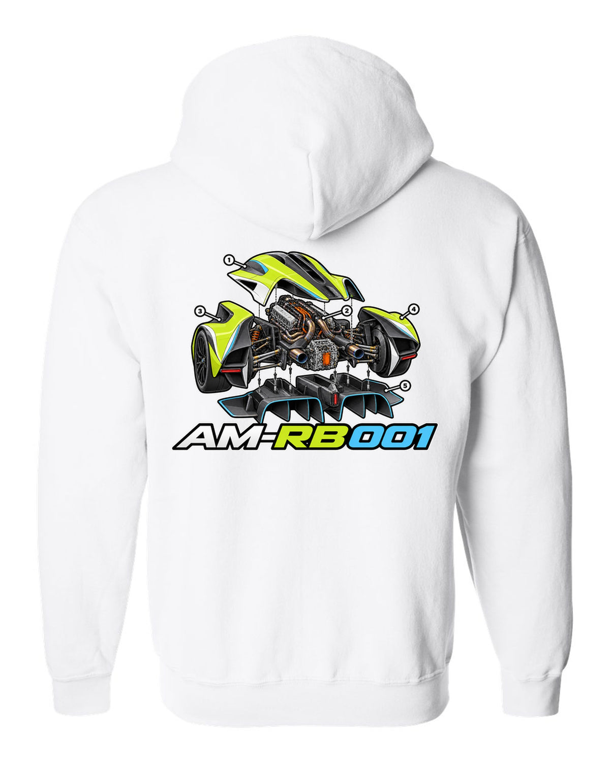Aston Martin Valkyrie exploded isometric cutaway labelled AM-RB 001 white zip hoodie back view with the design